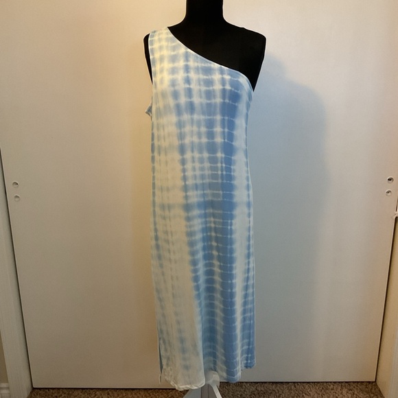 ❤️🔥 NWT Time & Tru Blue/White Tie Dye Print One Shoulder Midi Dress Size XXL/20 - Picture 4 of 11